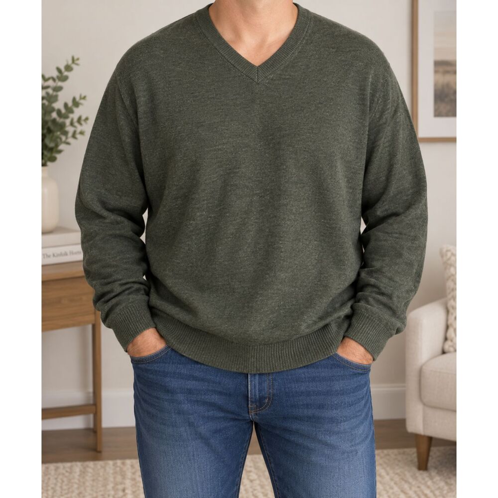 Men’s 2X 100% Merino Wool V-Neck Sweater Dark Green